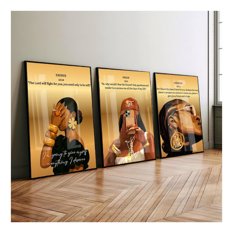 Set of 3 Black Christian Girl Wall Art, Scripture Print, Bible Verse ...