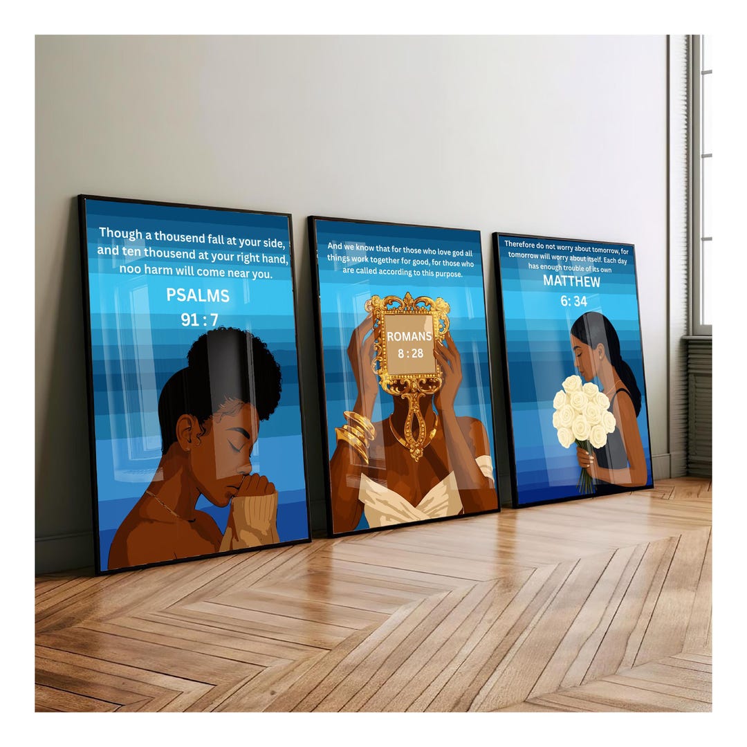 Set of 3 Black Christian Girl Wall Art, Scripture Print, Bible Verse ...