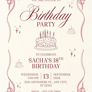 Könnte beinhalten: Geburtstagseinladung mit cremefarbenem Hintergrund und burgunderfarbenem Text. Die Einladung enthält den Text "You are invited to Birthday Party" und "Sacha's 18th Birthday". Die Einladung enthält auch Datum, Uhrzeit und RSVP-Informationen.