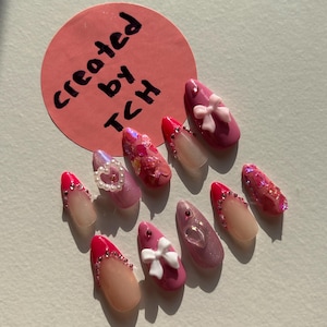 Pink Free Style Press On Nails, 3D Nail Art, Charm Nails, Almond Press On Nails, Gel Nail Polish