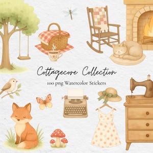 Könnte beinhalten: Aquarell-Illustration einer Cottagecore-Kollektion mit verschiedenen Elementen. Enthält Picknickkorb, Schaukelstuhl, Kamin, Katze, Fuchs, Schreibmaschine, Kleid und andere Aufkleber. Der Text lautet "Cottagecore Collection" und "100 png Watercolor Stickers".