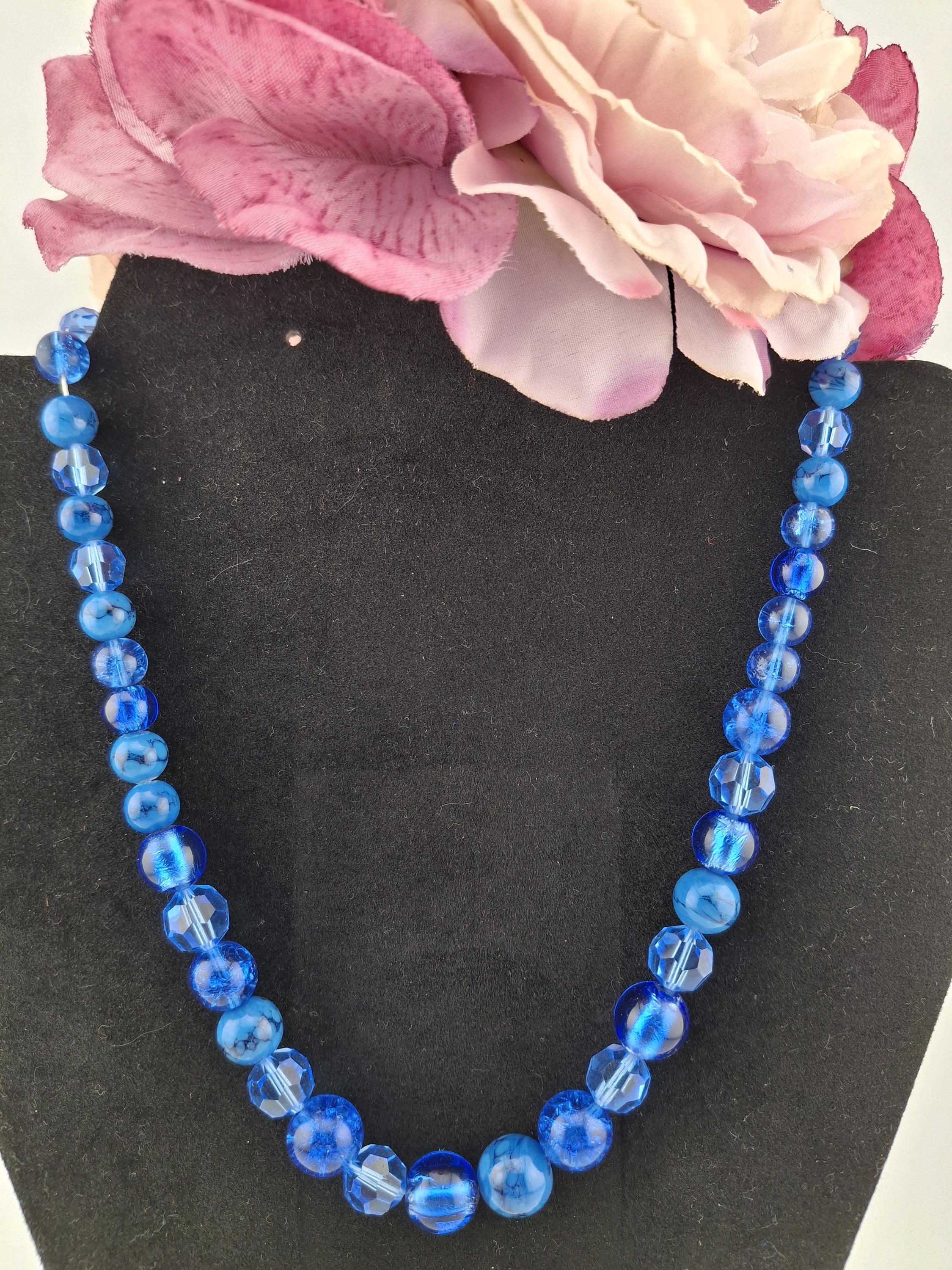 Collier Vintage Années 1950/60 Perles Et Pierre Bleue - Occasion, Fermoir Métal, Bijou Ancien
