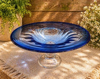 Large Cobalt Blue Glass Compote Bowl 30cm Pedestal Fruit Bowl Decorative Centrepiece