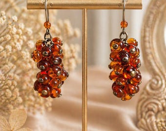 925 Sterling Silver Baltic Amber Cluster Drop Earrings | Vintage Style Statement Jewellery