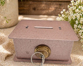 Vintage Pink Metal Cash Box with Key, Lockable Retro Petty Cash Tin