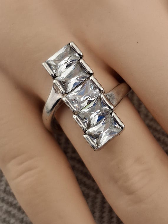 Sterling Silver Ring set with five large cubic Zi… - image 2