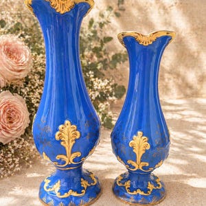 Antique Cobalt Blue Gilt Vases | Staffordshire Style Hand Painted Pair