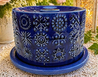 Portmeirion Totem Cheese Dish with Lid Blue Relief Mid Century Ceramic Dome