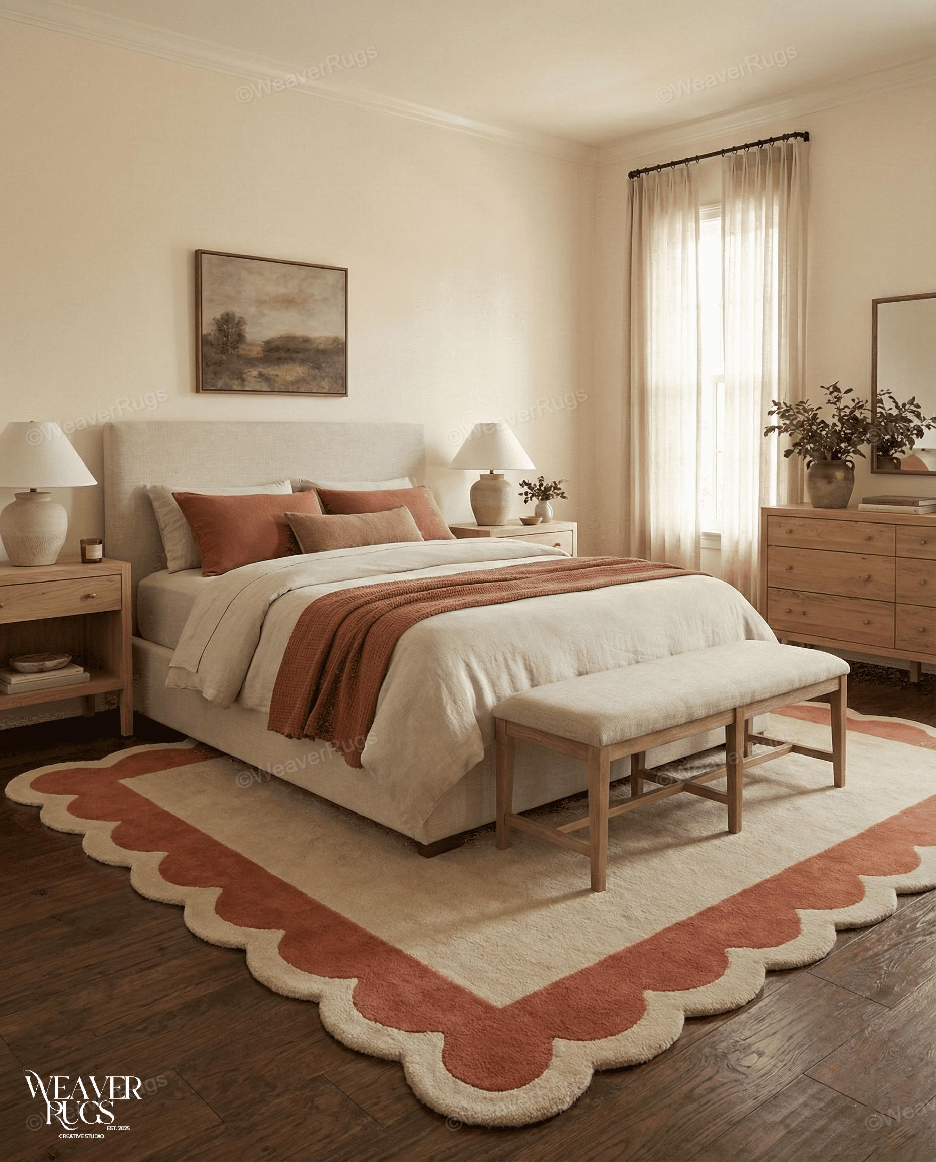 Scalloped Border Handmade Wool Area Rug - Ivory & Rust Scalloped Modern ...