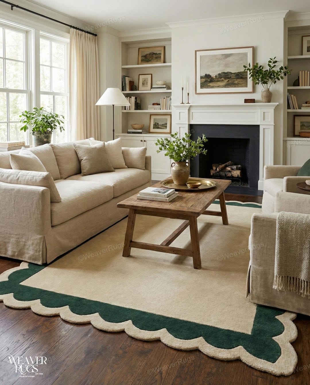 Scalloped Border Handmade Wool Area Rug - Ivory & Green Scalloped ...