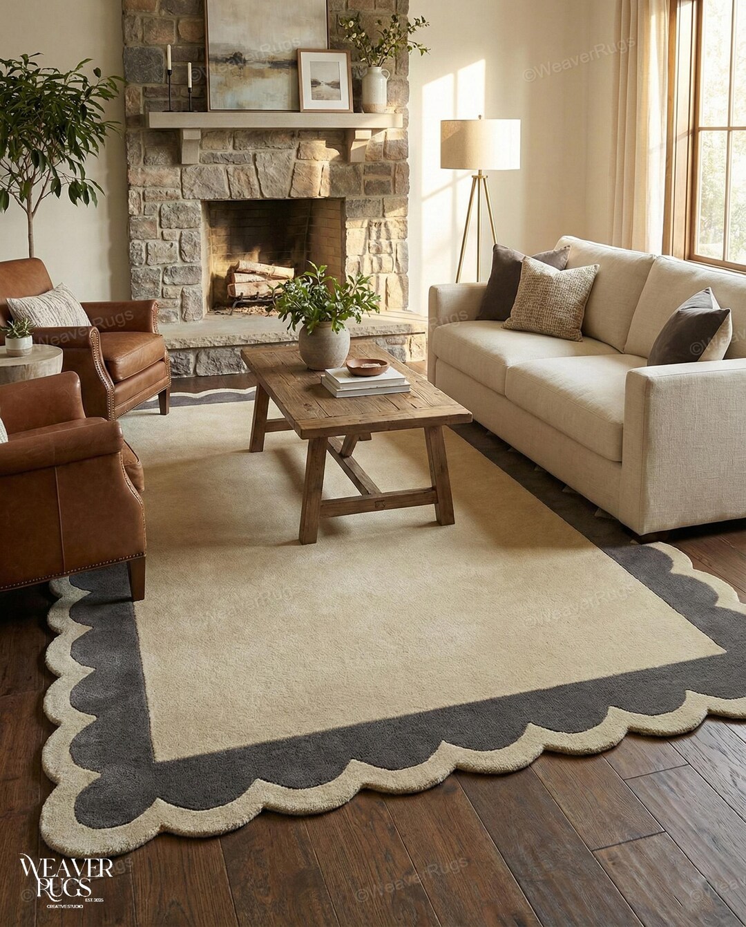 Scalloped Border Handmade Wool Area Rug - Ivory & Grey Scalloped Modern ...
