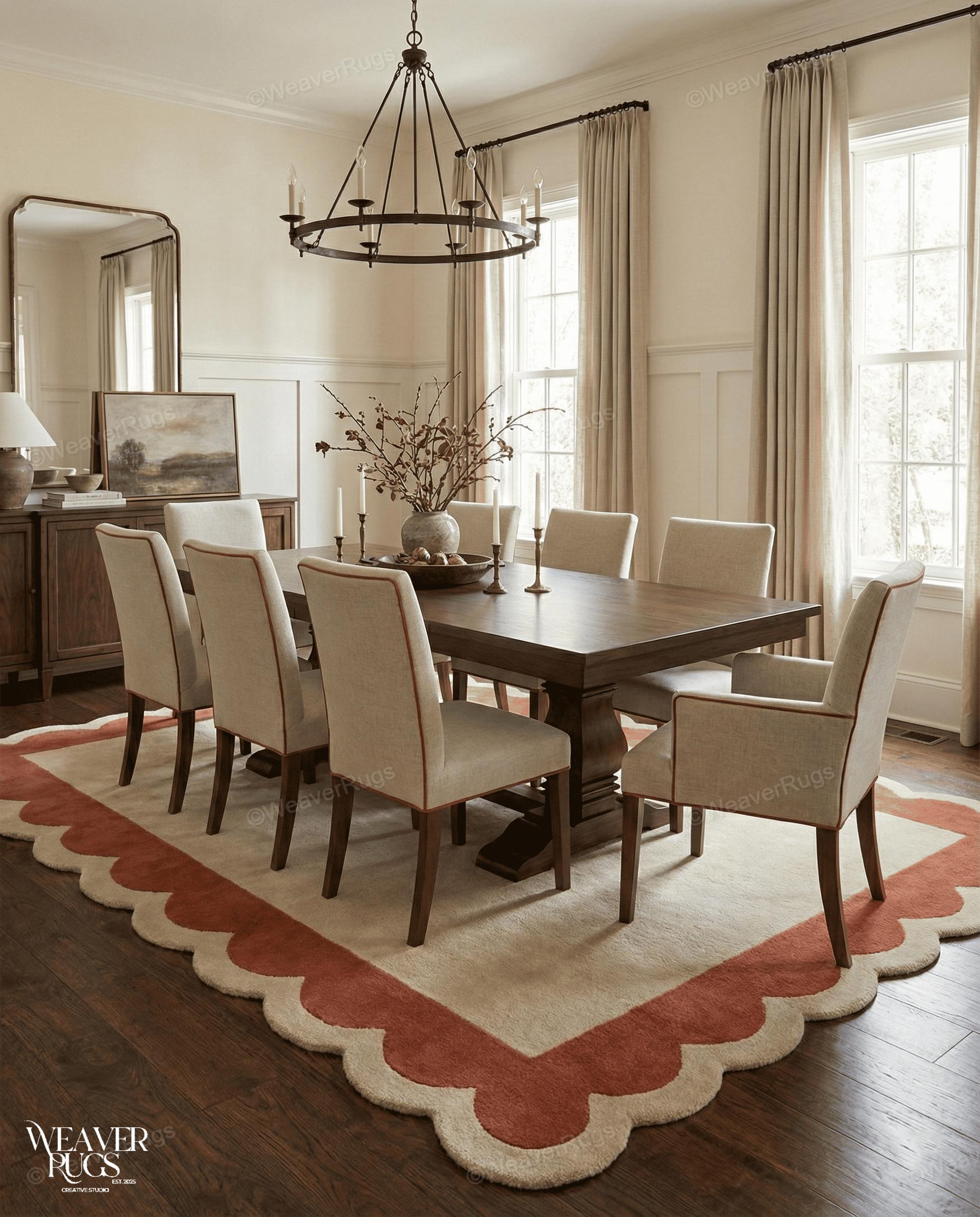 Scalloped Border Handmade Wool Area Rug - Ivory & Rust Scalloped Modern ...