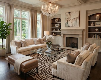 Può includere: Un lussuoso soggiorno con un divano beige, poltrone e un pouf in pelle. Un tappeto zebrato è sotto un tavolino di vetro. Un lampadario di cristallo è appeso sopra e un camino è sullo sfondo.