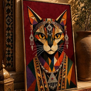 Könnte beinhalten: Ein gerahmter, rechteckiger Kunstdruck für die Wand mit einem stilisierten Katzenporträt in geometrischen Mustern in Rot-, Orange-, Grün- und Violetttönen. Die Katze trägt einen verzierten Kopfschmuck und eine große dreieckige Anhängerkette.