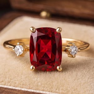 May include: A gold ring featuring a large, cushion-cut, deep red gemstone as the centerpiece, flanked by two smaller, round, clear white stones on either side. The band is crafted from a polished yellow gold metal, creating a classic three-stone design.