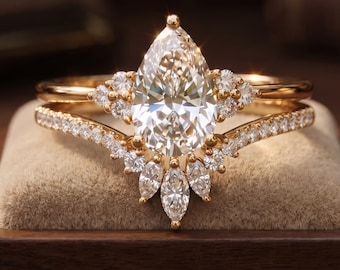 Set di anello di fidanzamento con moissanite a forma di pera, fede nuziale curva a tiara in argento sterling 925, set da sposa con corona a goccia, elegante anello per occasioni speciali per lei.