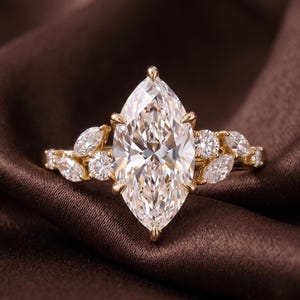 Marquise Moissanite Engagement Ring, Leaf Cluster Botanical Ring, 14K Solid Gold Bridal Ring, Elongated Diamond Alternative For Her