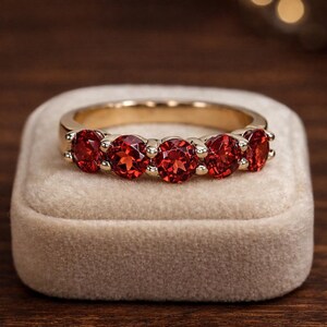 925 Sterling Silver Garnet Red Five Stone Ring – Bold S925 Gold Plated Statement Band – Ruby Red Anniversary Ring