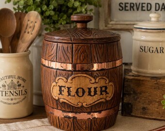 Treasure Craft Flour Canister Faux Wood Barrel Copper Band Rustic Farmhouse Kitchen Storage Jar Made in USA Vintage 70s