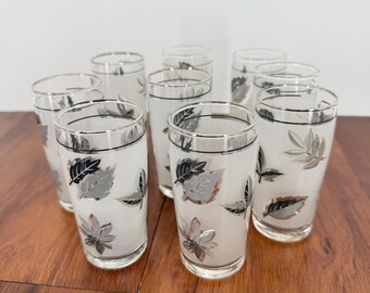 Juego de 9 vasos de jugo vintage Libbey Silver Leaf esmerilados, estilo mediados de siglo, 4 pulgadas, sin astillas ni grietas.