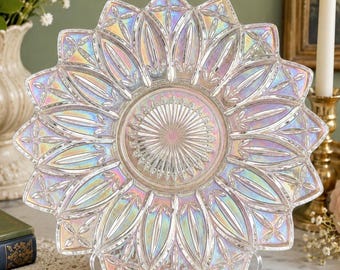Federal Glass Celestial Starburst Iridescent Glass Platter Rainbow Luster Serving Plate 1960s Vintage Glassware 11 Inch