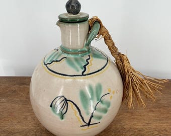 Vtg MCM Norwegian Pottery Oil Bottle Cruet Hand Painted Norge 218 130 7" w/ Cork