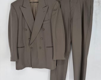 Traje cruzado Strathmore vintage de los años 80, 100% lana, talla 44R (40x30), color topo con raya diplomática, fabricado en EE. UU.