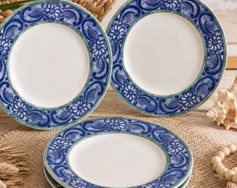 Vintage Coventry Butterfly Batik Dinner Plates Set of 4 Blue Teal Porcelain Tableware PTS International Indonesia Tropical Botanical