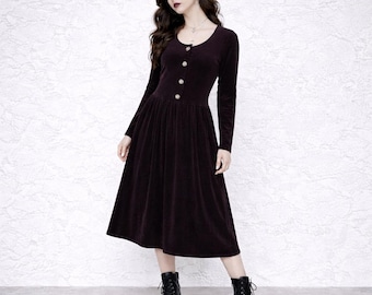 VTG 90s Burgundy Velvet Midi Dress Goth Dark Academia Whimsigoth Grunge Romantic Button Front M