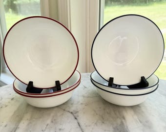 Corelle Cereal Soup Bowls Lot of 6 (3)Red & (3) Blue Rim Vitrelle Glass Farmhouse Kitchen Replacement Dinnerware USA Vintage 70s
