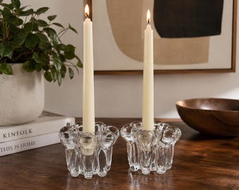 KIG Indonesia Bubble Glass Ljusstakar Set med 2 Klara Votivljusstakar Koniska MCM Modernistiskt Skulpturellt Glas VTG 80-tal