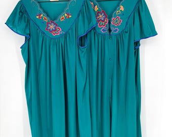 VTG Vanity Fair XL Teal Floral Peignoir Set Made USA Antron Nylon Robe Kleid EUC