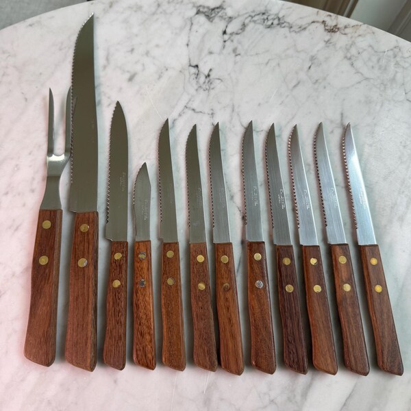 Mid Century Flatware Wood Handle Cutlery Set Made in Japan Carving Knife Fork Steak Knives Vintage 1970s