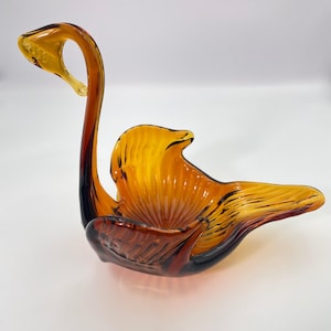 Vintage Handblown Murano Amber Art Glass Swan Bowl Dish Made in Italy