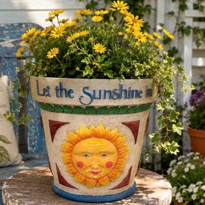 Jim Shore Celestial Sun Face Planter: Folk Art Garden Pot, 2001 Enesco Patio Decor