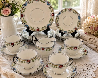 Antike Englisch Porzellan Tee Tasse Set 16 Stück Balmoral China Staffordshire Redfern & Drakeford Edwardian Dessert Teller Milchkännchen