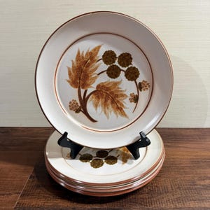 May include: A stack of round ceramic plates featuring a cream-colored base with a brown botanical pattern of leaves and berries in the center. Each plate has a thin brown rim around the edge, and they are displayed on a black plastic stand.