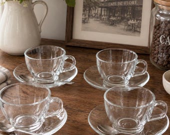 Arcoroc France Clear Glass Espresso Cappuccino Tea Cup and Saucer Set of 4 French Cafe Drinkware Vintage 80s