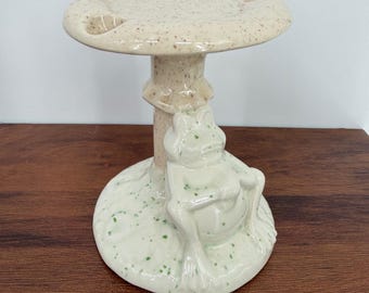 VYG Retro 80s Spattered Glaze Frog Toothbrush Holder Brown & Green Toad Mushroom