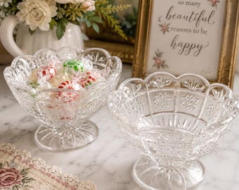 Vintage Glassware Oneida Southern Garden Footed Crystal Dessert Bowls Pair Floral Candy Dishes Cottage Table Decor