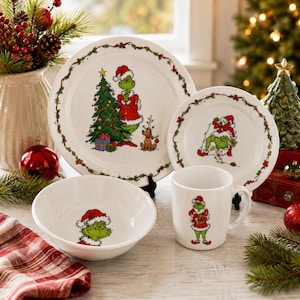 Grinch Whobilation 4 Piece Place Setting Vintage 2000 Universal Studios Christmas Dinnerware Whoville Nostalgic Holiday Table Decor