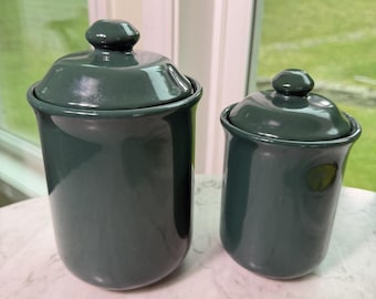Vintage Preferred Stock Canister Set Forest Green Stoneware Kitchen Canisters Set of 2 Ceramic Pantry Storage 1980s Decor