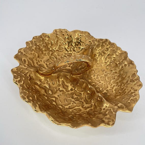 Vintage Weeping Bright Gold Divided Candy Dish Hand Painted 22K
