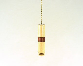 Wood Fan Pull Maple Bloodwood 3" Tall .6" Diameter with Brass Chain in Pattern 5