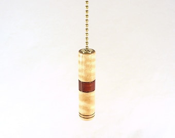 Wood Light Pull Curly Maple Bloodwood 3" Tall .6" Diameter with Brass Chain in Pattern 5