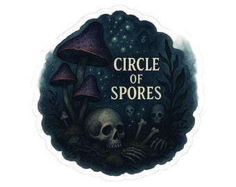 May include: A sticker with the text "CIRCLE OF SPORES" set against a dark, atmospheric scene. The design features purple mushrooms, a human skull, bones, and small skulls, all set against a dark blue backdrop.