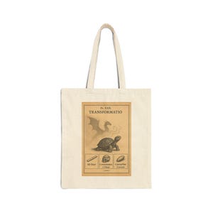 Puede incluir: Bolso tote de color crema con una ilustración de estilo vintage de un dragón, una tortuga y una oruga con el texto "TRANSFORMATIO". La bolsa incluye un gráfico con el texto "60 Feet", "Concoction 1 Hour" y "Caterpillar Cocoon".