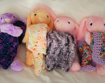 Colorful Plush Bunnies with Crocheted Blanket