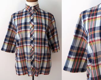 70s plaid shirt - vintage blue red yellow madras short sleeve button up collared cotton thin lightweight v neck blouse top loose fit unisex