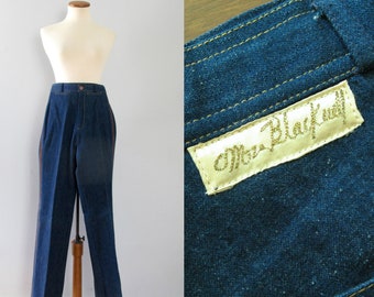 70s blue jeans - vintage Mr Blackwell designer indigo denim suede high waisted disco wide straight leg dungarees retro 1970s 25" 26" waist